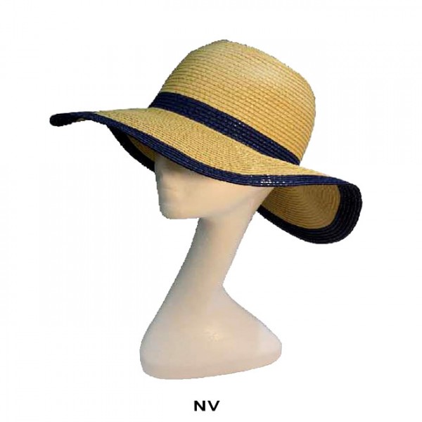 Wide Brim Paper Straw Hat w/ Color Band & Trim - Navy - HT-6039NV